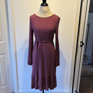 Boden Long Sleeve Geometric Midi Dress in Burgundy Pink